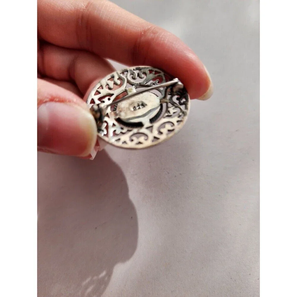 Vintage .925 Stamped Sterling Silver Mother Of Pearl Filigree Brooch Pin Cut Out - Picture 5 of 8